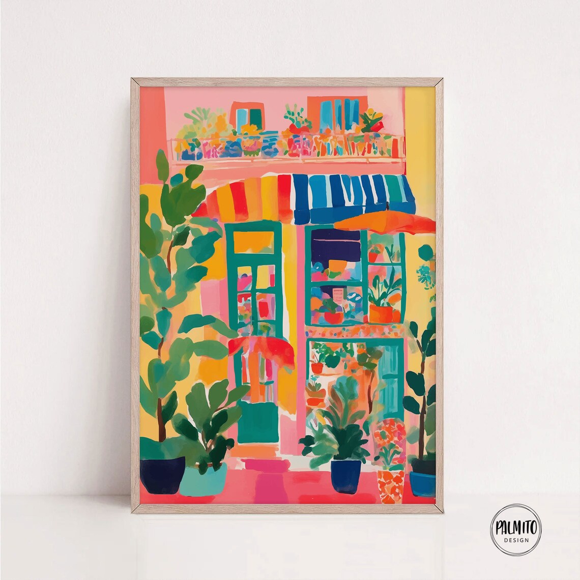 Colorful Plant Shop Storefront with Striped Awnings Art Poster