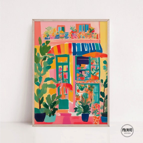 Bold Retro Storefront Gouache Painting Wall Art Bright Colors And Plants Colorful Botanical Poster