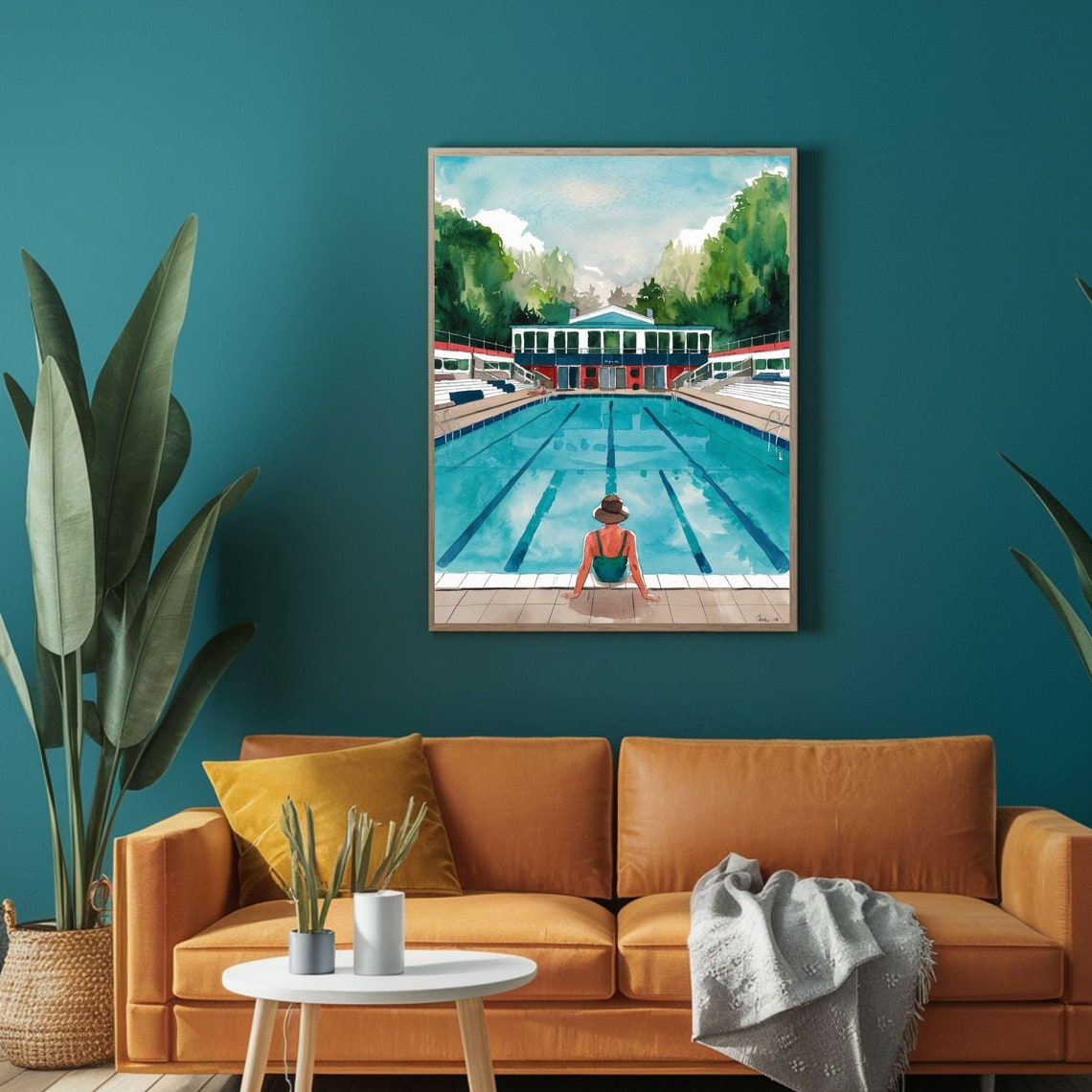 Girl In Sun Hat Sitting By Olympic Swimming Pool Watercolor Poster - Image 2