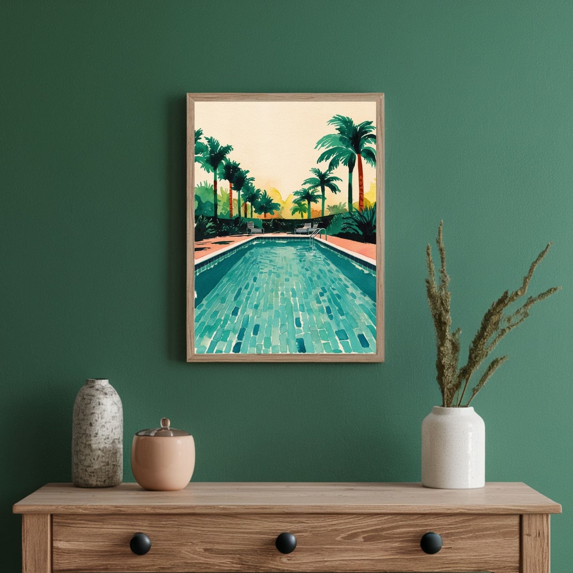 Palm Springs Pool With Palm Trees Retro Watercolor Art Poster - Image 3