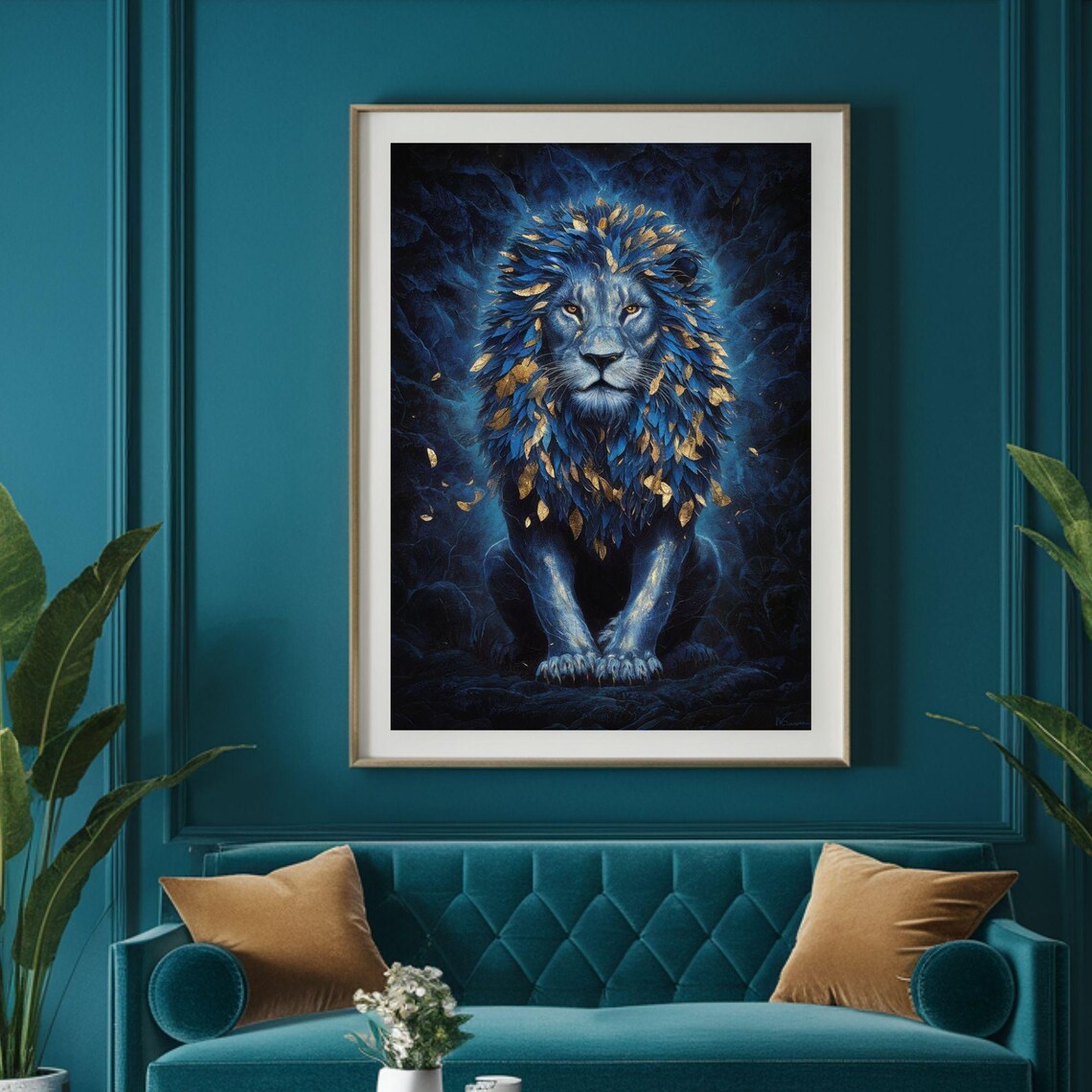 Midnight Blue Lion Golden Leaf Mane Wildlife Portrait Poster - Image 5