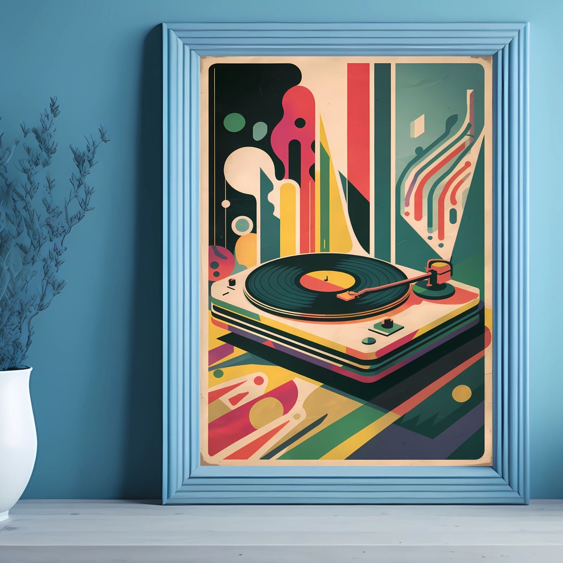Retro Vinyl Record Turntable Pop Art Colorful Geometric Music Poster - Image 3