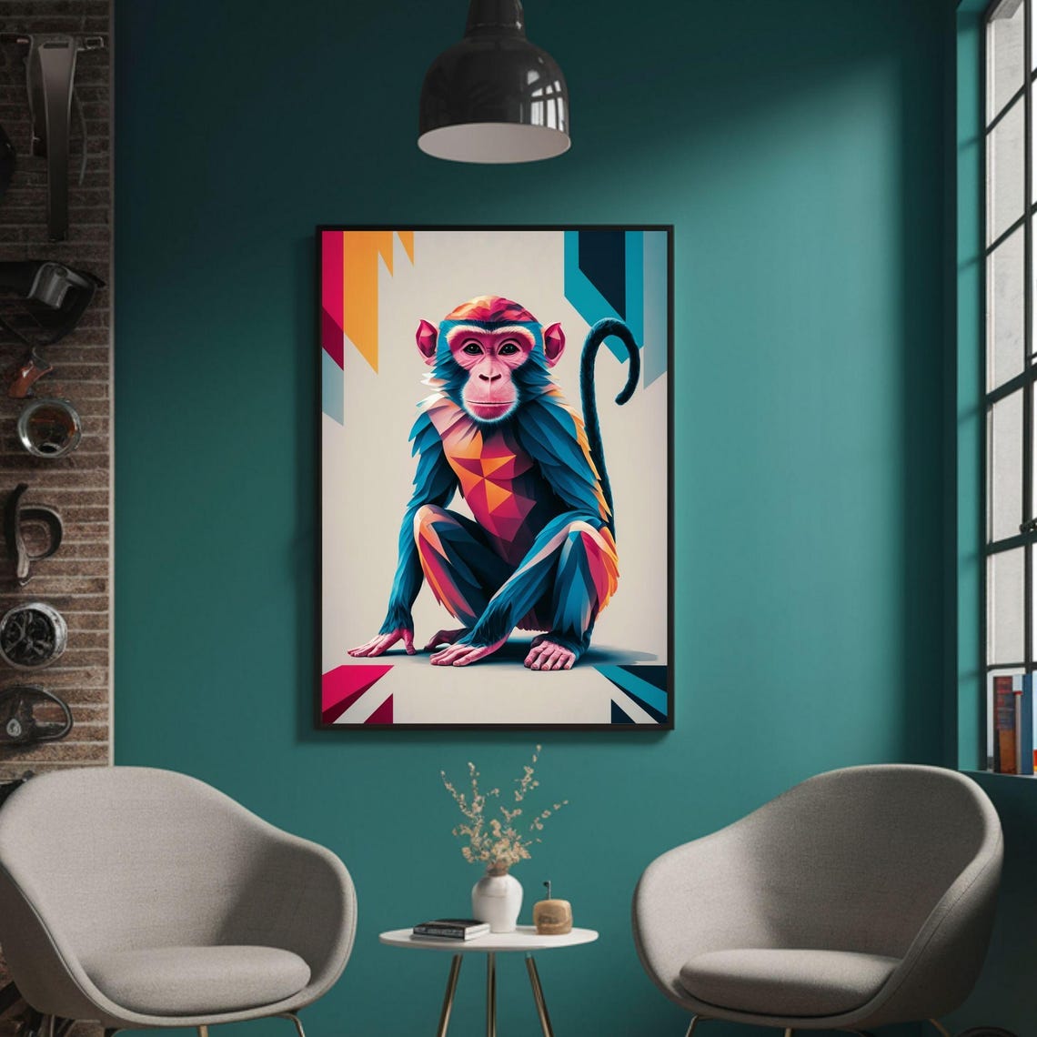 Geometric Colorful Monkey Sitting Low-Poly Animal Portrait Poster - Image 3