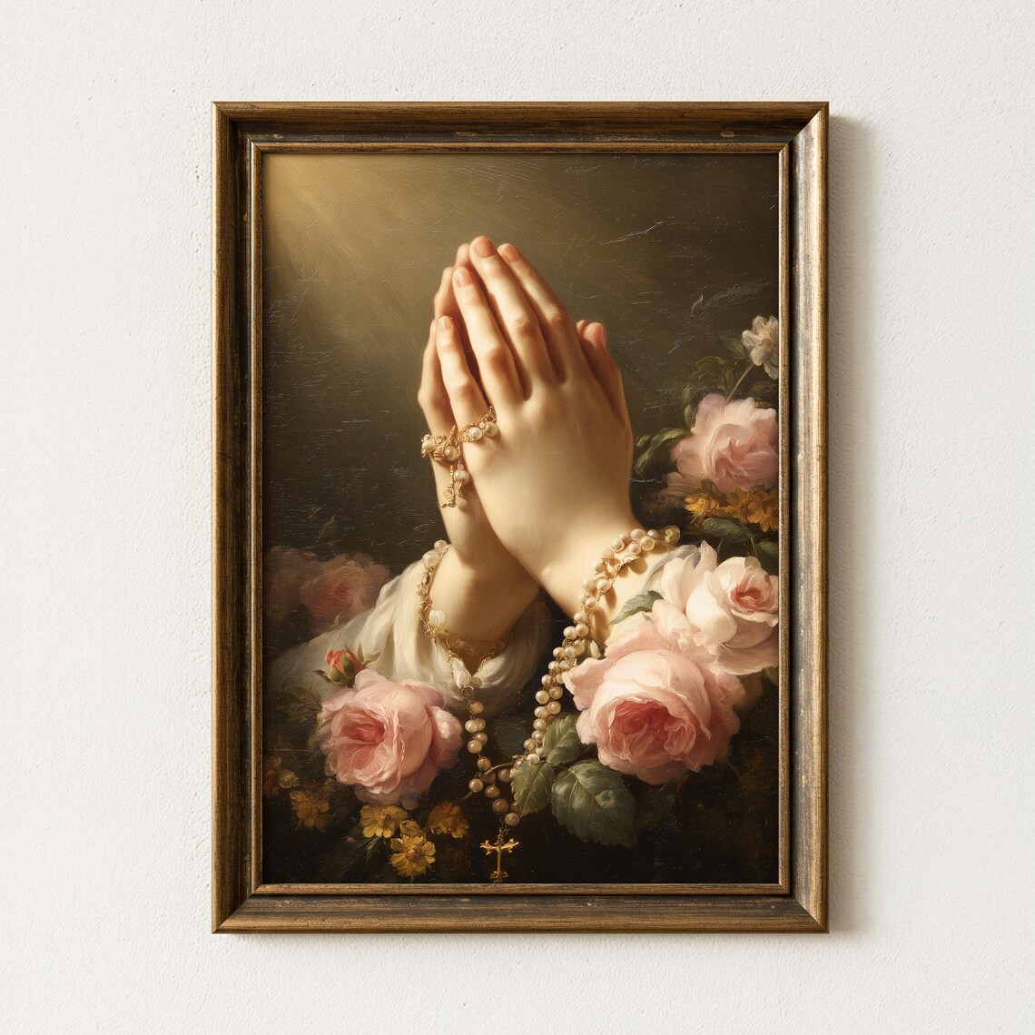 Praying Hands With Rosary And Pink Roses Victorian Religious Poster