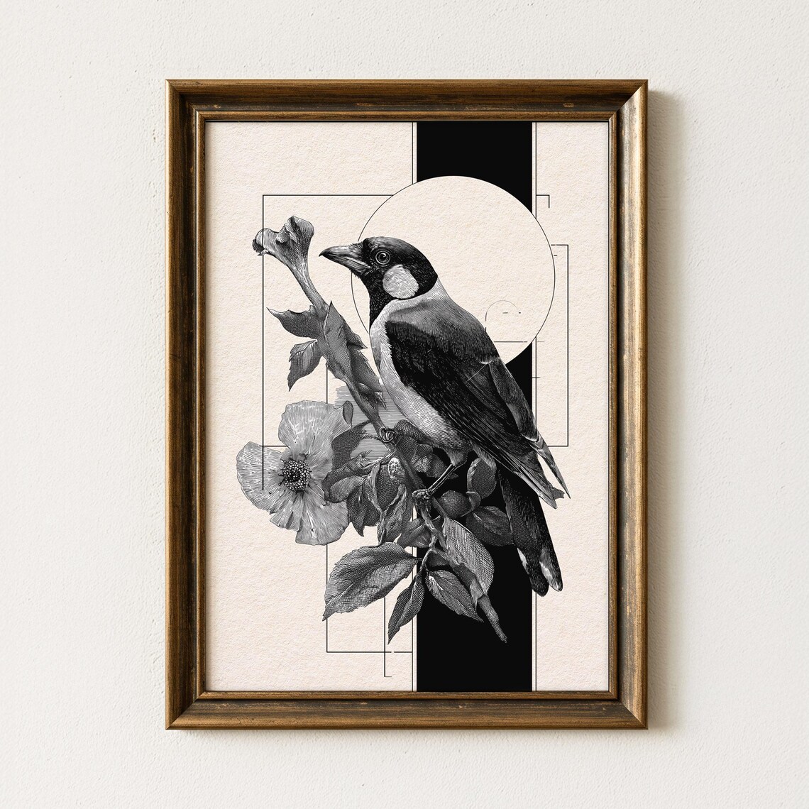 Black And White Songbird Engraving With Poppy Botanical Poster
