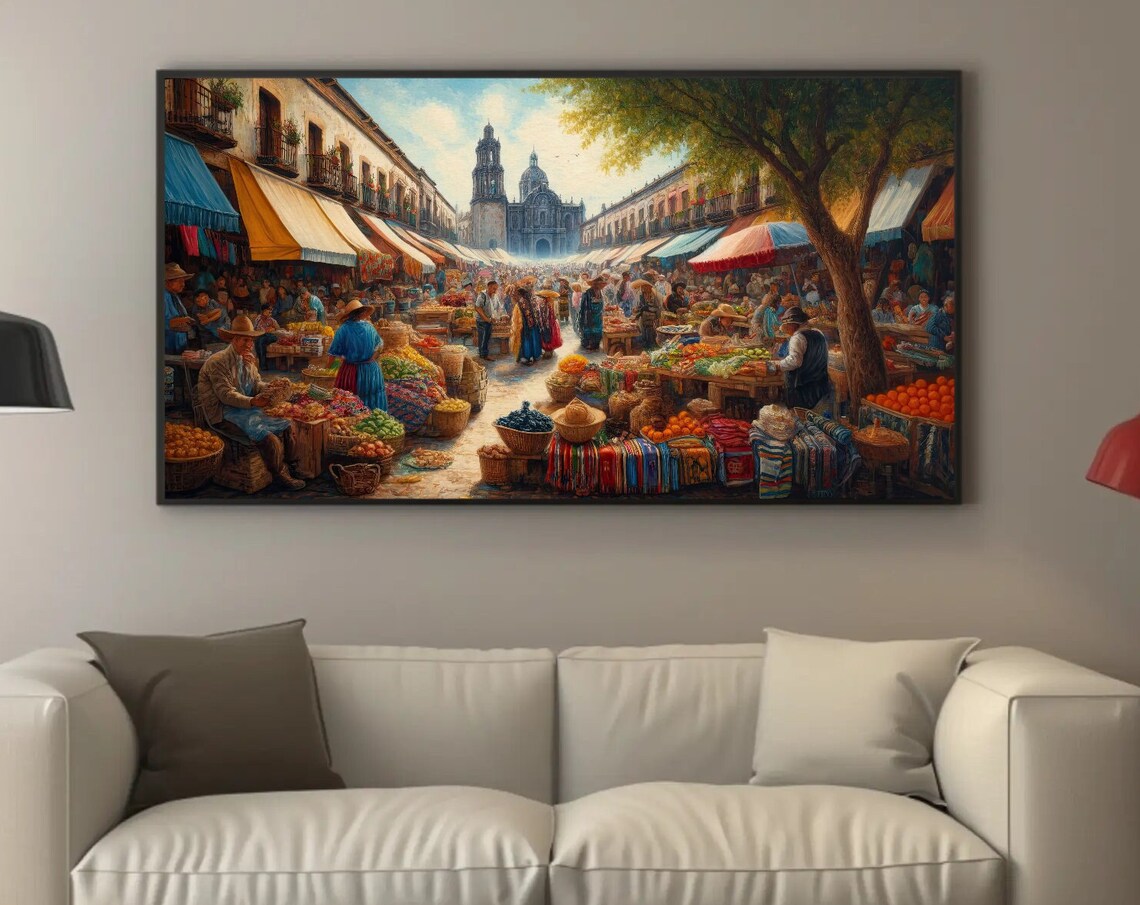 Mexican Market Oil Painting Art Print, Cultural Decor