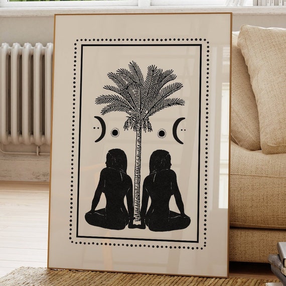 Boho Palm Cosmic Goddess Art Printdigital Vintage Tree Printsacred Moon Wall Artspirituality Artworkblack Print