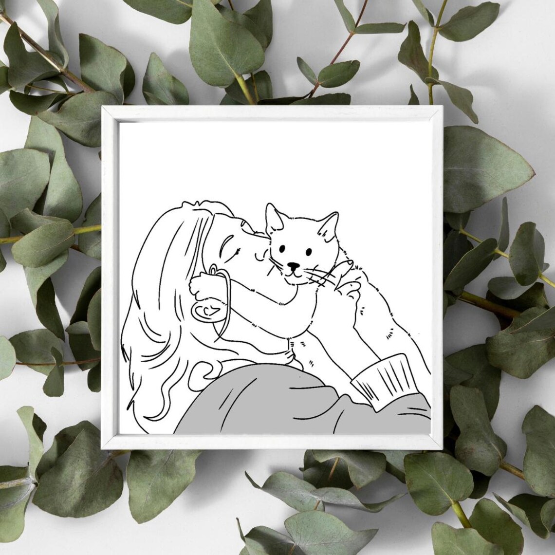 Cat Mom Line Art Woman Kissing Cat Minimalist Black White Wall Art
