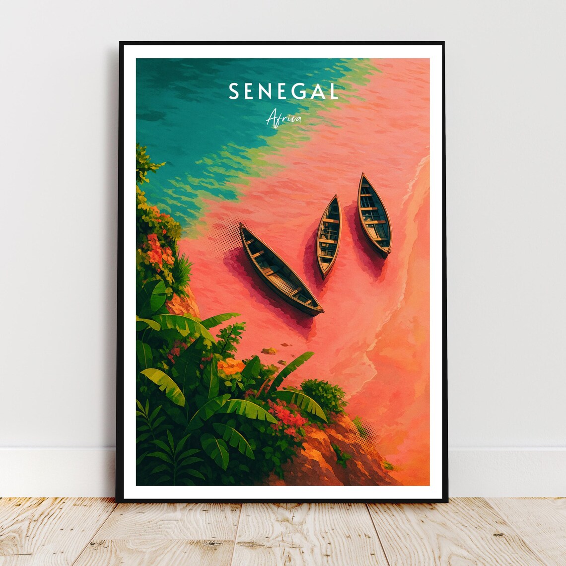 Senegal Africa Pink Lake with Wooden Boats Vintage Travel Poster