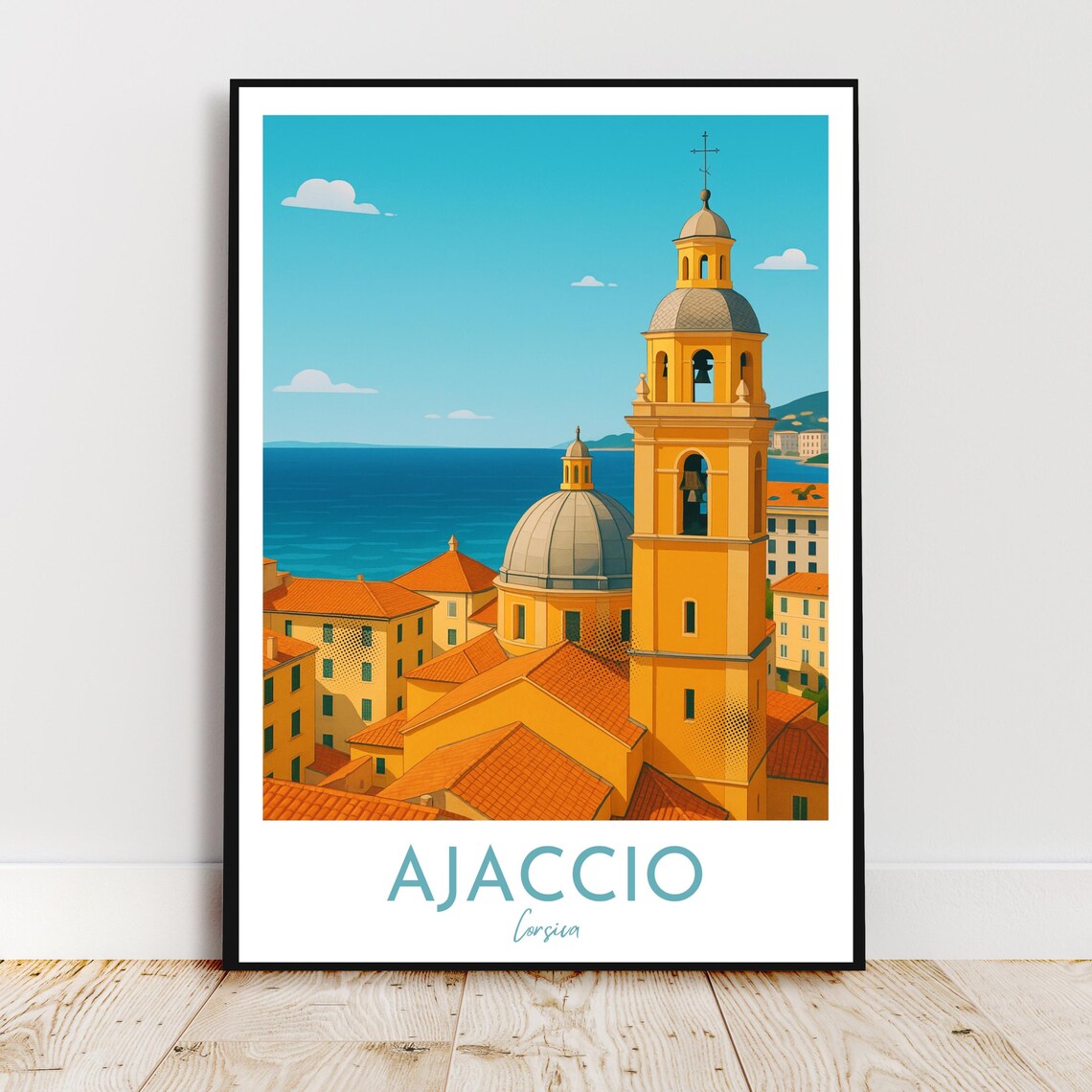 Ajaccio Corsica Church Tower and Terracotta Roofs Travel Poster