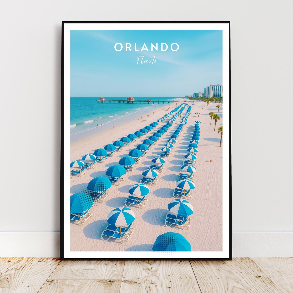 Orlando Florida Beach Umbrellas Wooden Pier Vintage Travel Poster