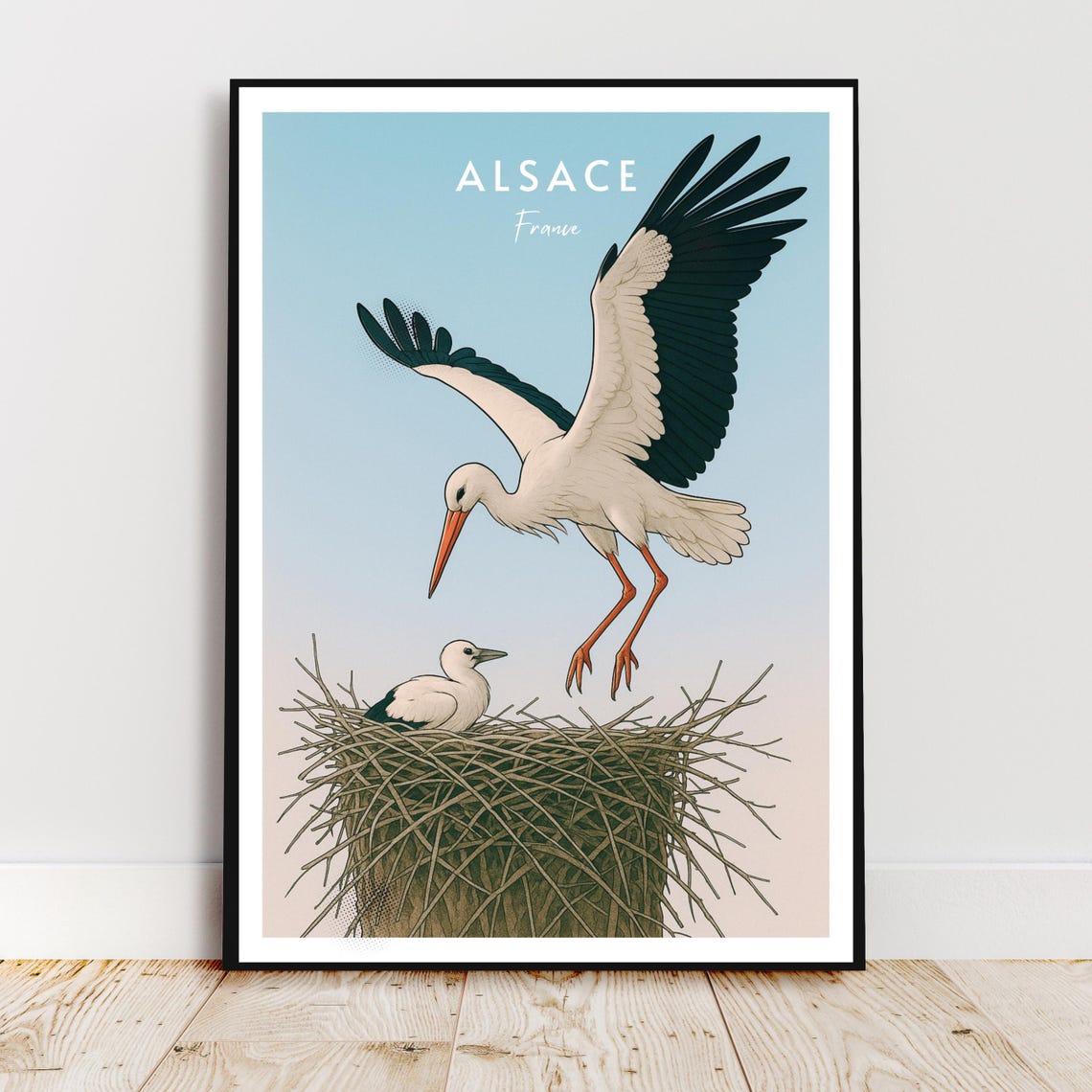 Alsace France White Stork Nesting Chick Illustration Travel Poster