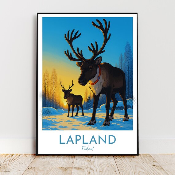 Lapland Finland Reindeer in Snowy Forest Sunrise Winter Travel Poster