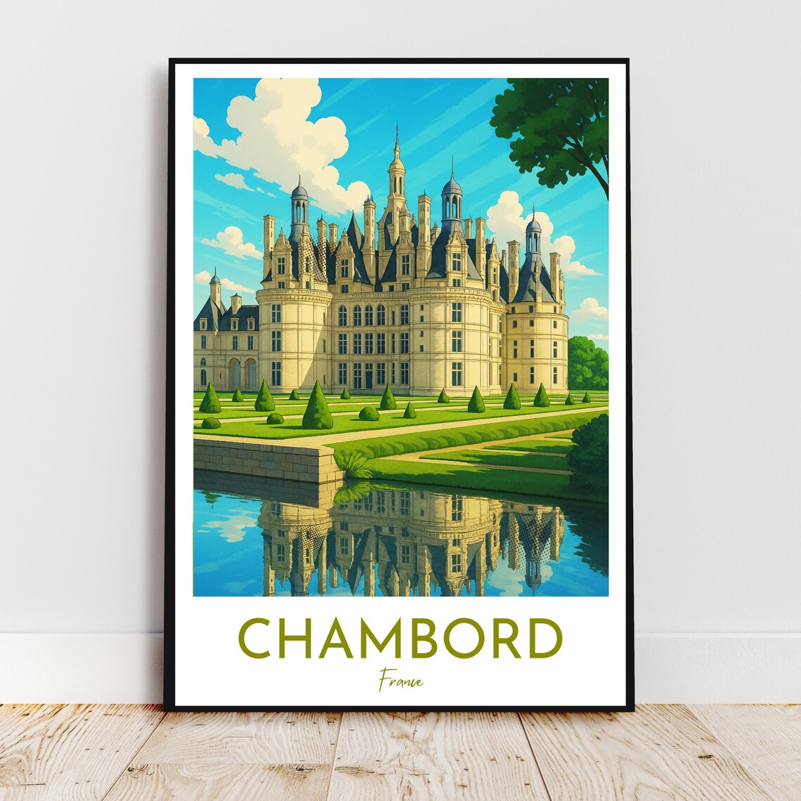 Chambord France Loire Valley Castle Reflection Vintage Travel Poster