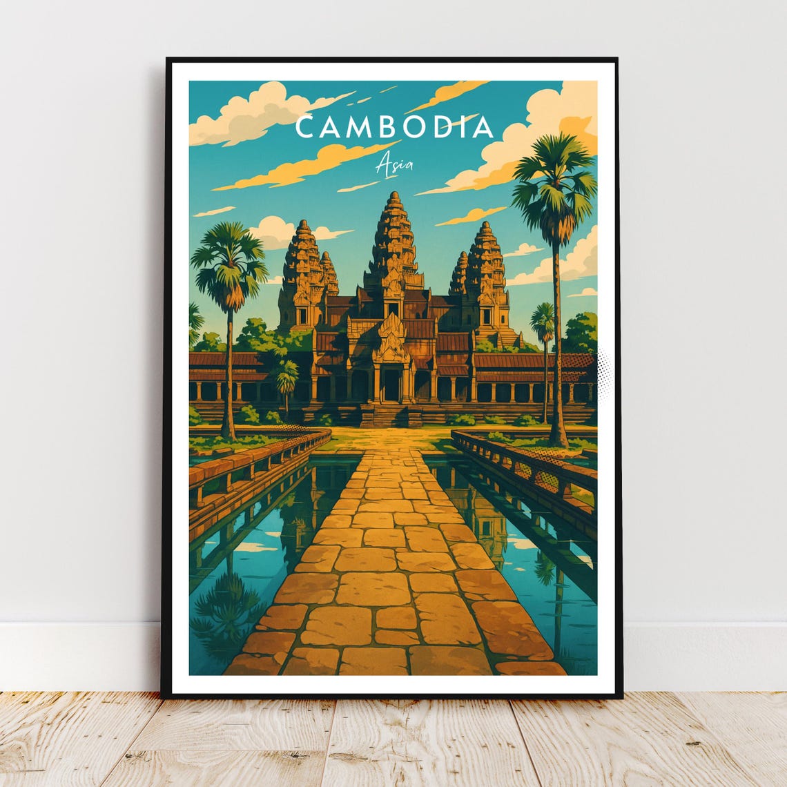 Cambodia Sacred Angkor Wat Temple Moat Reflection Travel Poster