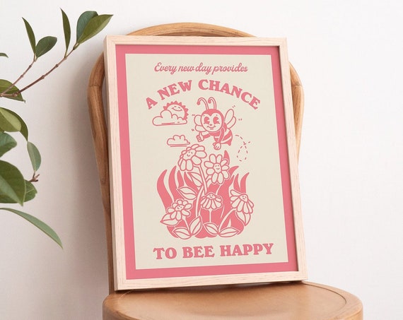 Retro Honey Bee Wall Print Bumble Bee Poster Print Positive Quote Trendy Art Baby Pink Nursery Print Prints