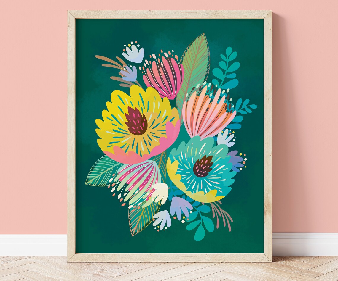 Yellow Pink Tropical Flower Bouquet Botanical Illustration Print