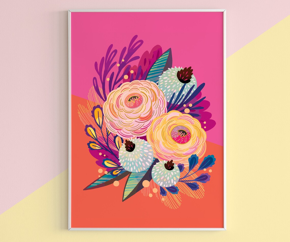 Boho Floral Botanical Art Print, Pink and Orange Flowers