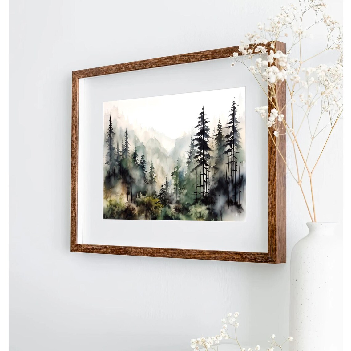 Misty Pine Forest Foggy Trees Watercolor Nature Landscape Wall Art - Image 2