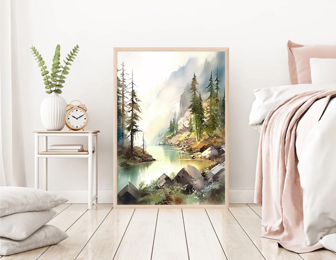 Calm Alpine Lake Pine Trees Misty Peaks Sunrise Watercolor Poster - Image 2
