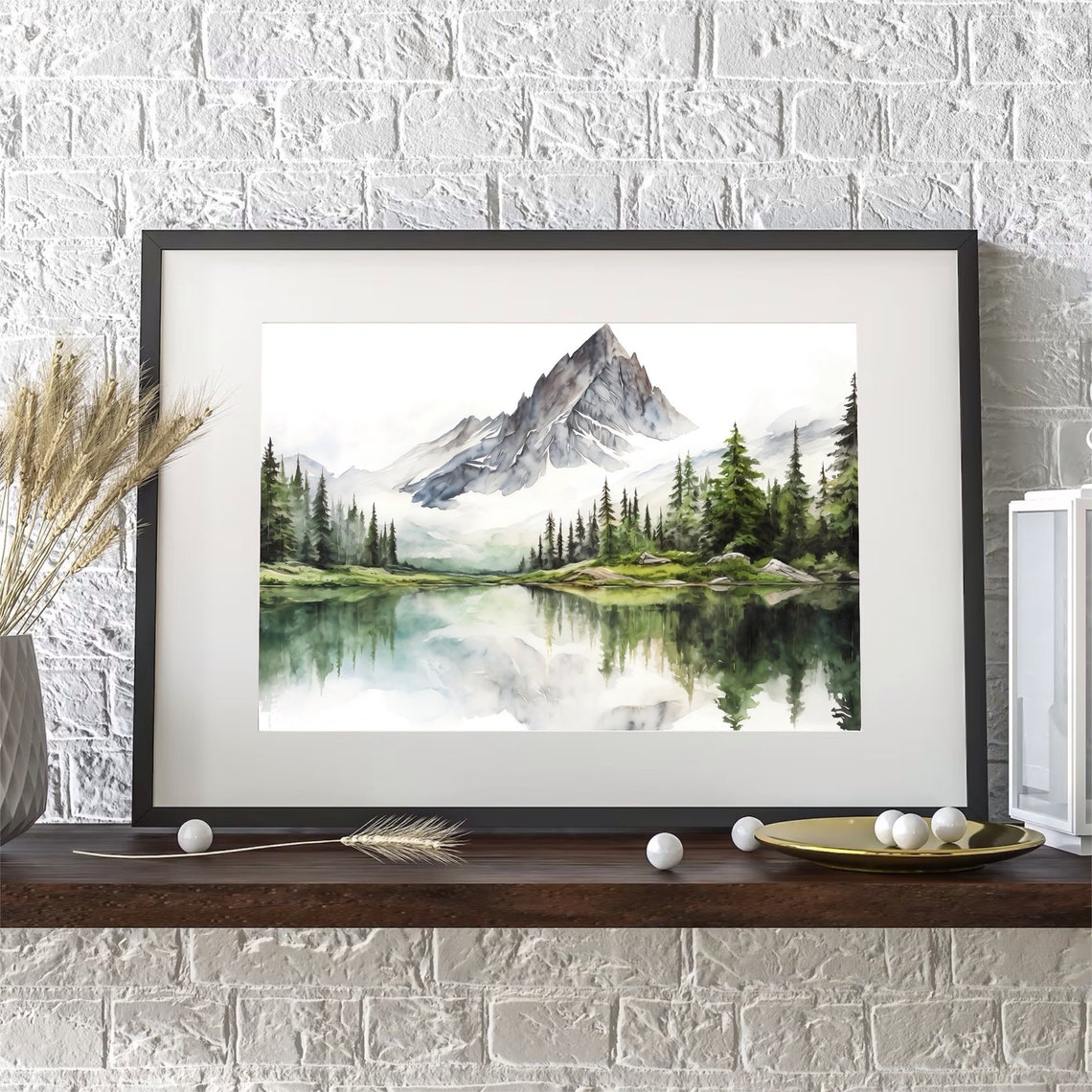 Mountain Lake Reflection Watercolor with Pines and Jagged Peak Poster - Image 5