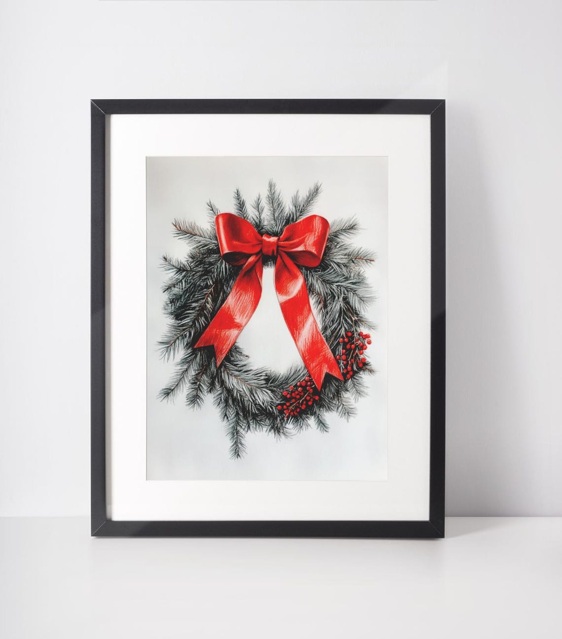 Frosted Pine Wreath With Red Bow And Berries Christmas Holiday Poster - Image 3