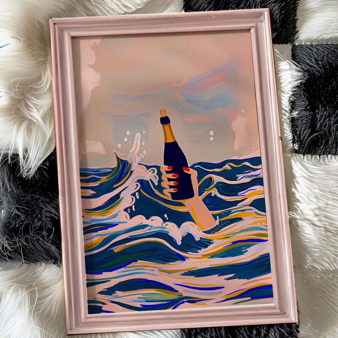 Champagne Bottle Ocean Waves Celebration Party Cheer Art Poster