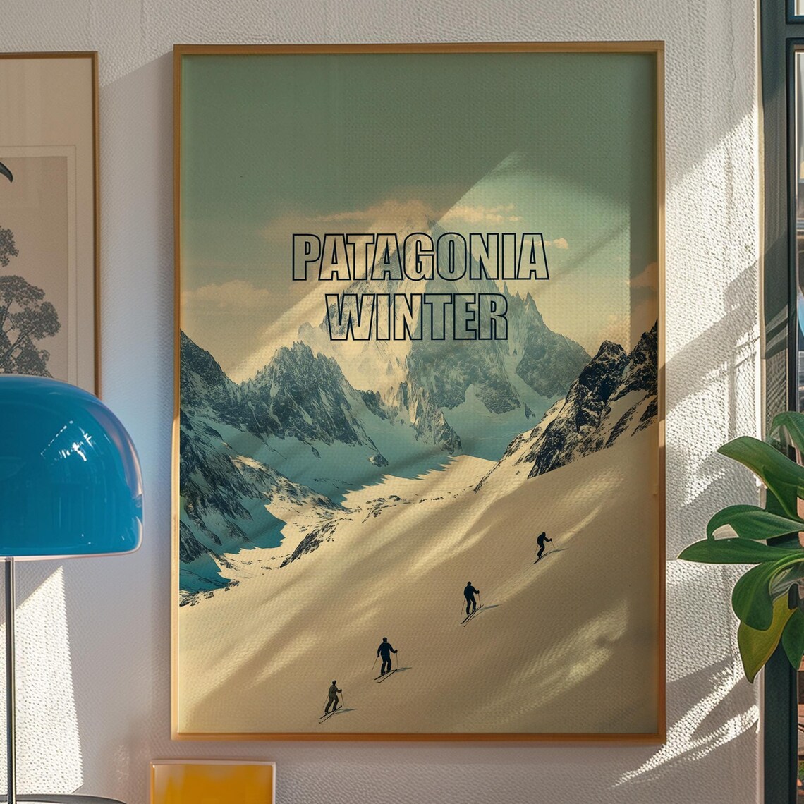 Patagonia Winter Snowy Mountain Poster with Skiers and Peaks