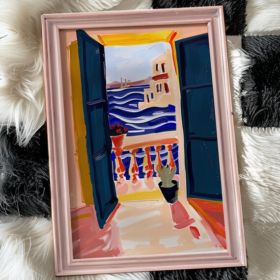 Matisse Style Open Window Balcony View Over the Blue Sea Poster