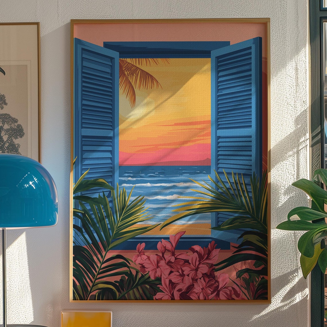Blue Shutter Window View Over a Tropical Beach Sunset Poster