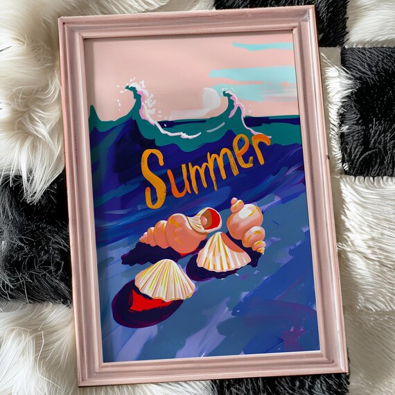 Summer Seashells Ocean Waves Colorful Coastal Beach Art Poster