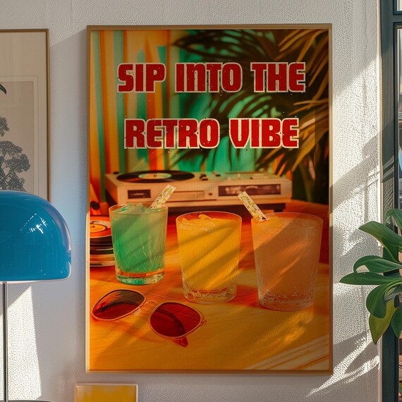 Sip Into the Retro Vibe 80s Neon Cocktail Poster with Sunglasses and Vinyl
