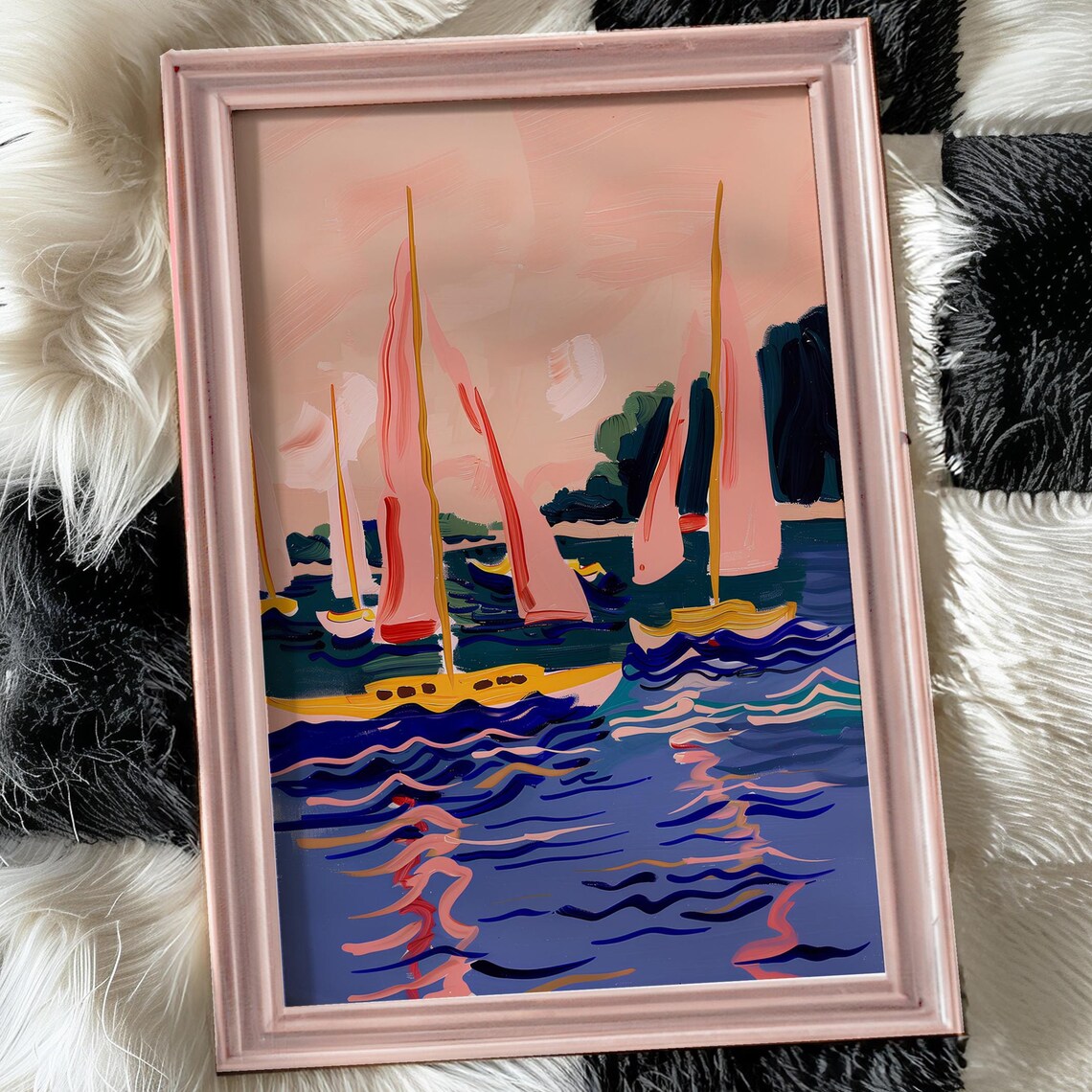 Sailboats with Pink Sails on Blue Water Regatta Scene Poster