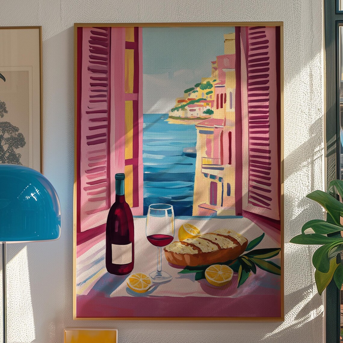 Coastal Village View Through Pink Shutters Wine Bread Poster