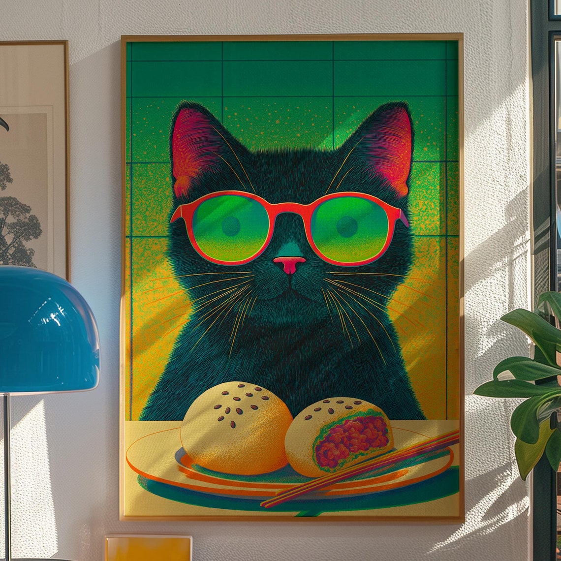 Cool Black Cat in Sunglasses with Bao Buns Neon Kitchen Art Poster