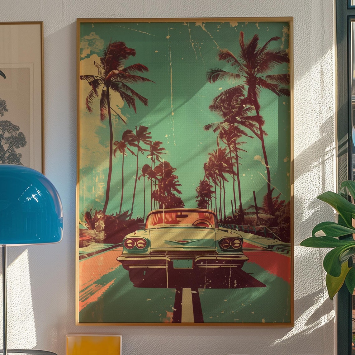 Classic Car Palm Tree Road Retro Vintage Road Trip Travel Poster