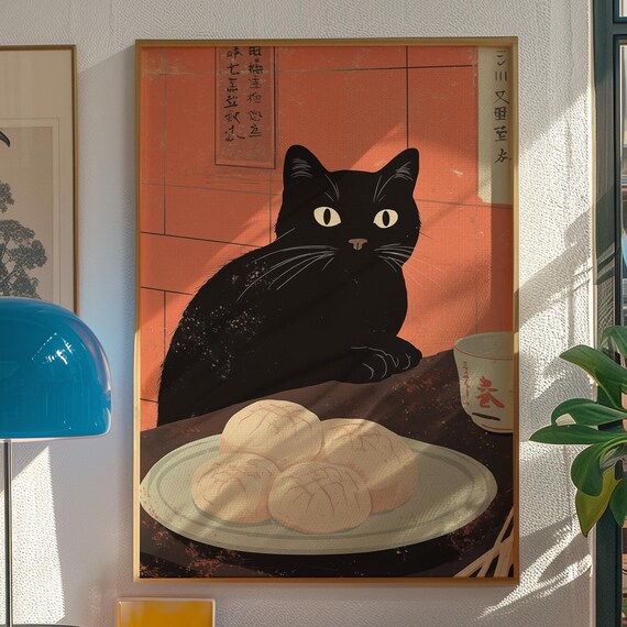 Vintage Japanese Style Black Cat with Steamed Buns Kitchen Poster