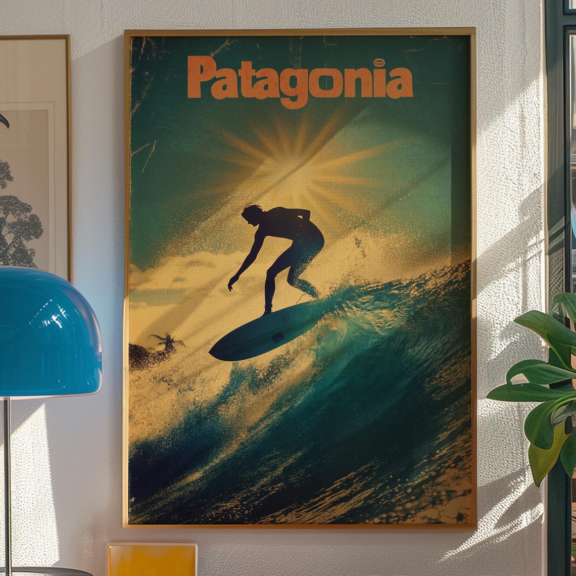 Patagonia Sunset Surf Poster with Silhouetted Surfer on Big Wave