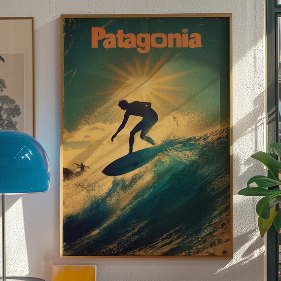 Patagonia Sunset Surf Poster with Silhouetted Surfer on Big Wave