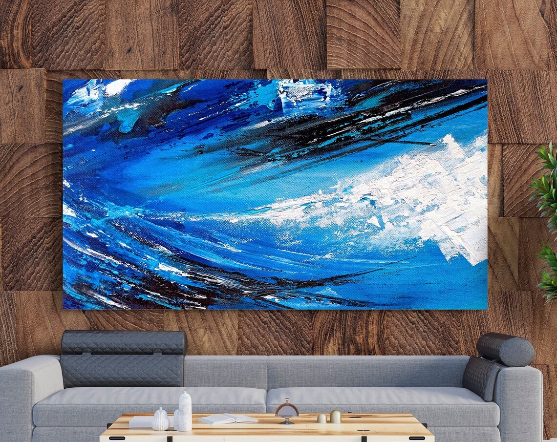 Stormy Blue Ocean Waves Bold Black White Strokes Art Wall Print