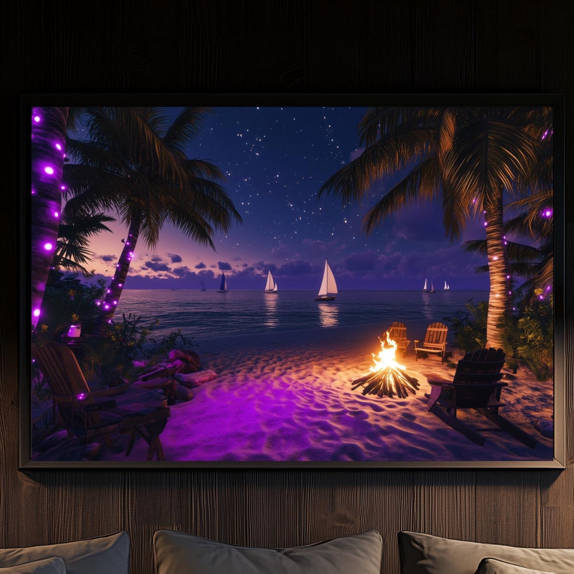Tropical Night Beach Bonfire Palms Sailboats Sunset Glow Poster