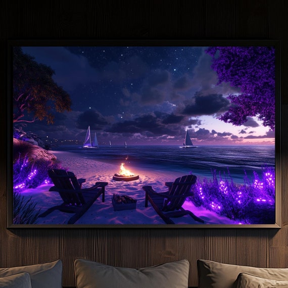 Bioluminescent Beach Night Art Print Purple Coastal Glow And Starry Sky Decor Ocean Sunset Scene Dreamy Seaside Art