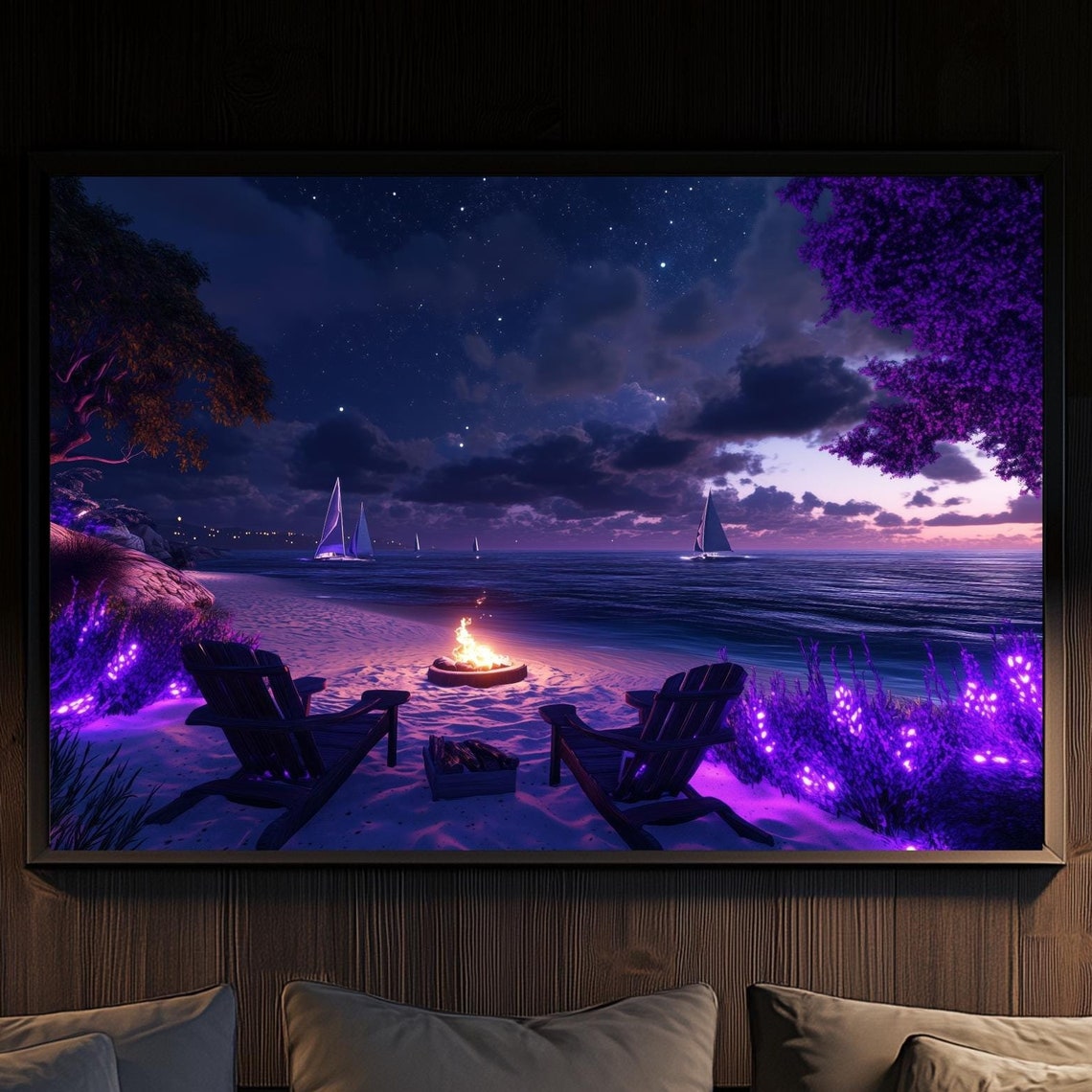 Magical Beach Sunset Bonfire Night Glowing Purple Shoreline Poster
