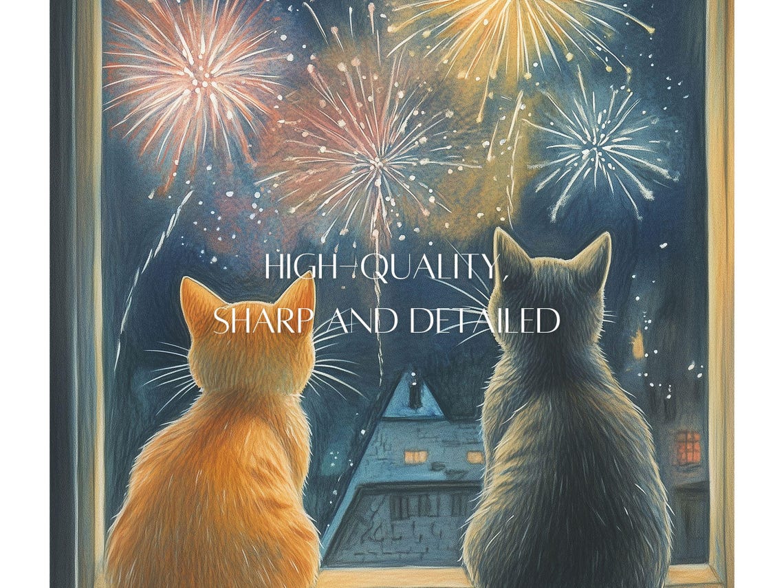 Two Cats Watching Fireworks From Window Night Sky Animal Poster - Image 3