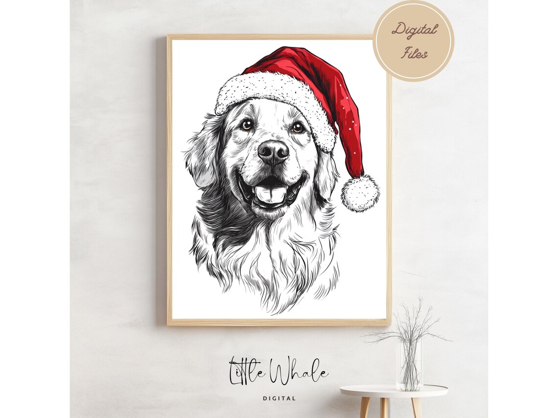 Golden Retriever in Santa Hat Smiling Christmas Dog Sketch Art Print
