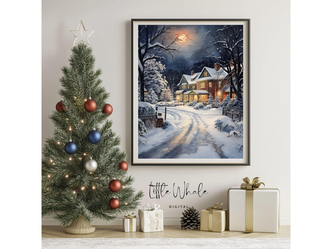 Moonlit Snowy Street with Glowing Houses Winter Night Art Print - Image 2