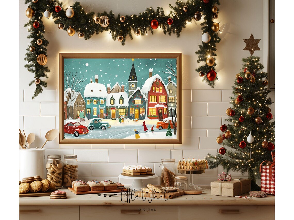 Snowy Village Street with Church and Vintage Cars Holiday Scene Poster - Image 3