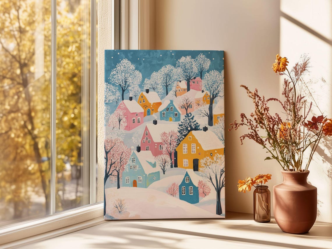 Colorful Snowy Village On A Hill Under A Teal Night Sky Poster