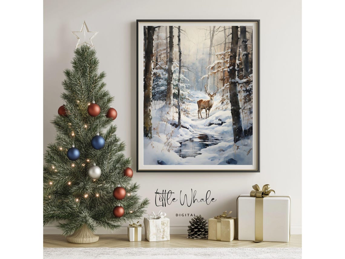 Watercolor Deer Standing In A Snowy Forest Winter Landscape Poster - Image 3