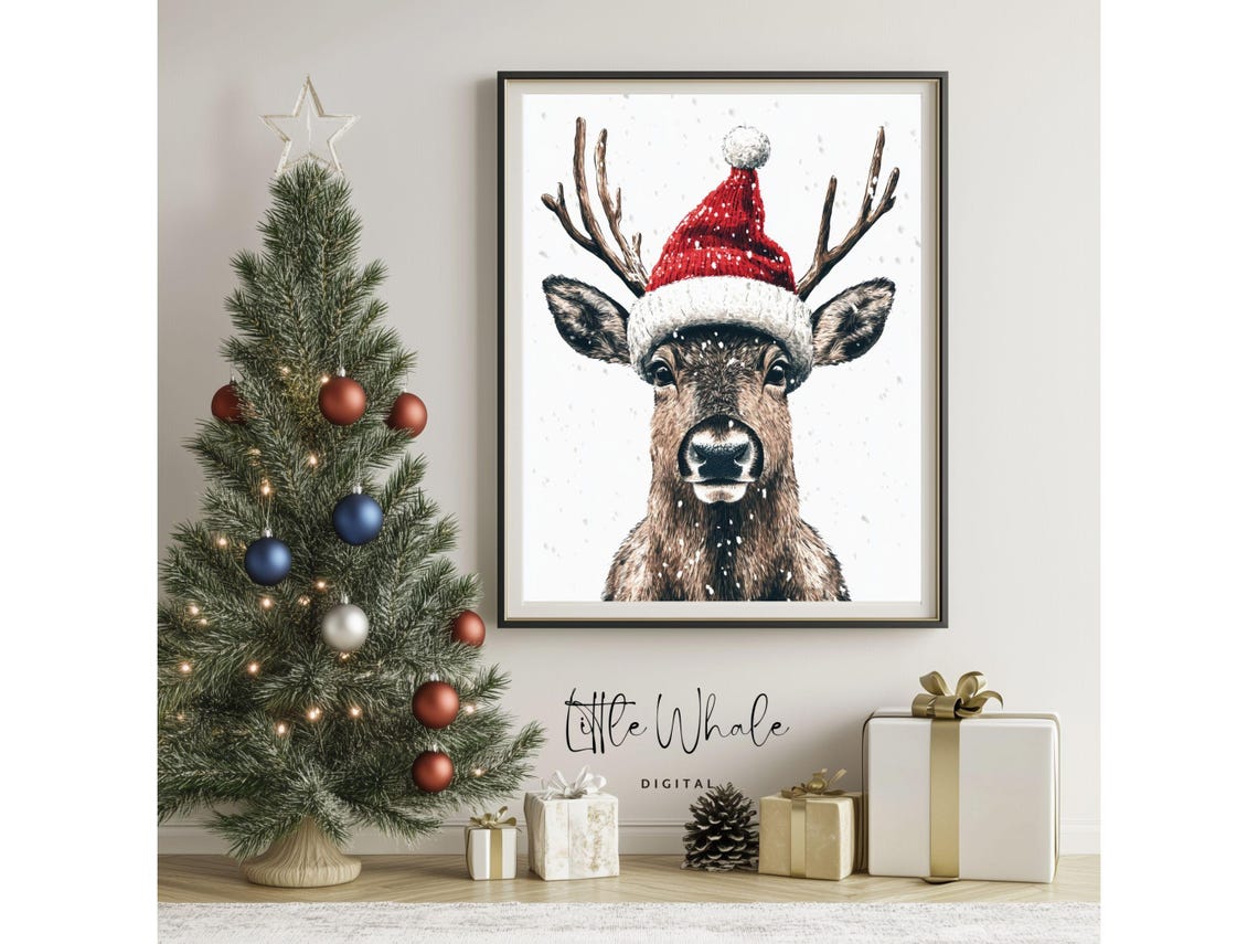 Deer Wearing a Santa Hat Watercolor Animal Portrait Christmas Poster - Image 3